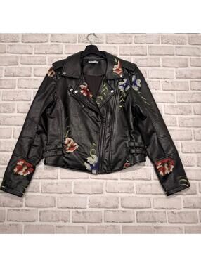 Dex Faux Leather Motorcycle Jacket Embroidered Women's L